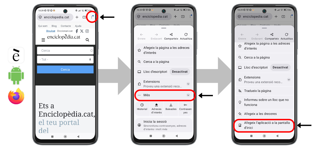 pas a pas de com afegir enciclopèdia.cat a un telèfon android amb firefox